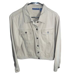 Bill Blass Y2K Beige Denim Jacket Women’s Large Button Front Pockets Fall